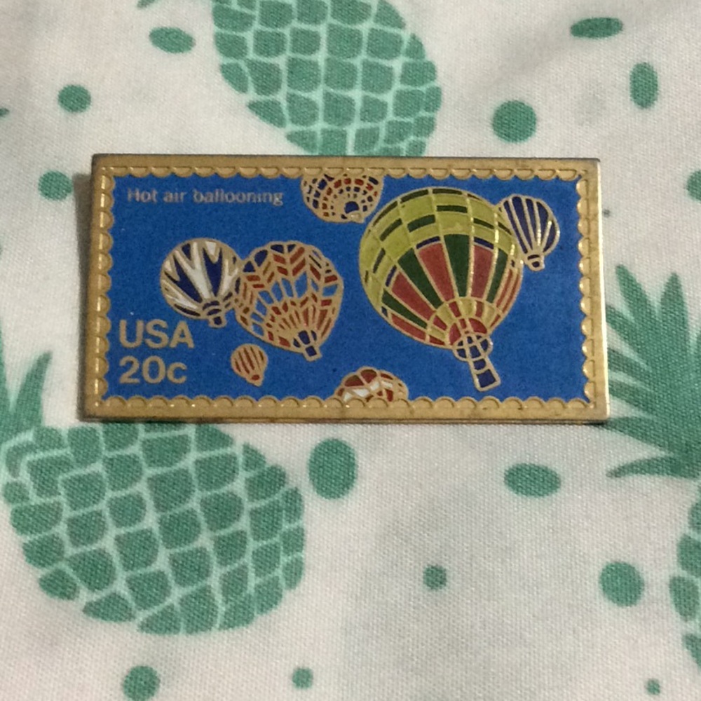 Postage stamp hot air balloon tack pin